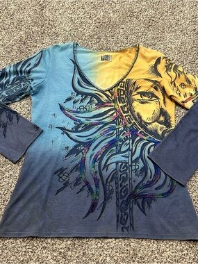 Bamboo Co Womens Large Long Sleeve Mixed Media Boho Top Sun Artsy Art To Wear